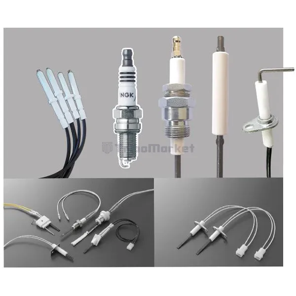 Various ignition & flame detection electrodes with lead wires, featuring an NGK spark plug and multi-wire igniter assemblies for industrial combustion systems | TriboMarket.