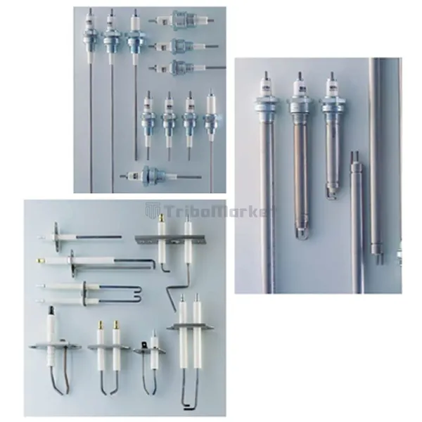 Ignition & Flame Detection Electrodes - 3 Collection of high-temperature ignition electrodes and dual-rod flame detection sensors with ceramic insulators and mounting flanges for industrial furnaces, from TriboMarket.